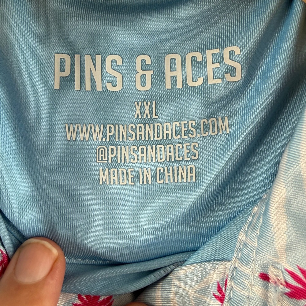 Pins & Aces Polo Shirt Men XXL Blue Pink Tropical Palm Tree Performance Golf Tee - Picture 13 of 13